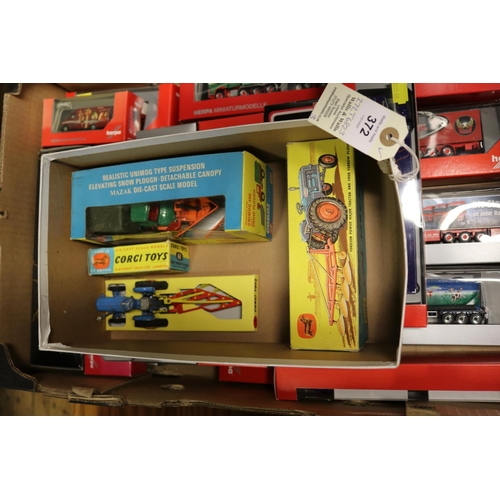 372 - 3x Corgi Toys. Fordson Power Major Tractor and Four Furrow Plough gift set (18) with blue tractor wi... 