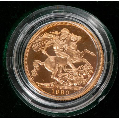 97 - Elizabeth II AV proof sovereign 1980,  Uncirculated in Royal Mint case of issue (tiny nick to obvers... 