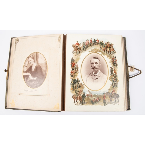 198 - A good Edwardian photograph album, alternate pages having coloured military prints by Orlando Norie,... 