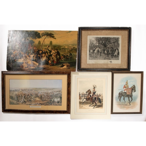 216 - 11 military pictures including a small watercolour of the Royal Waggoners Driver 1794, signed 