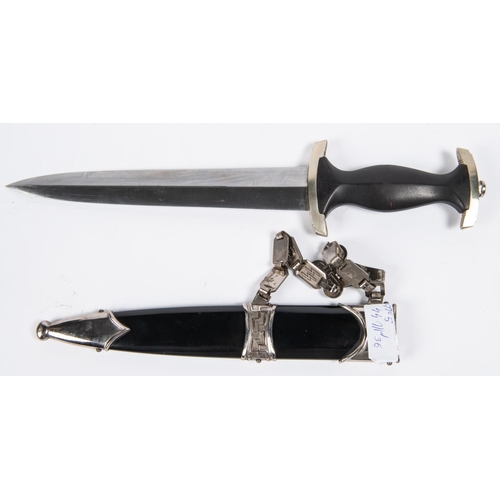 258 - A good copy of a Third Reich 1936 pattern SS dagger, no maker's mark, in its black painted sheath wi... 