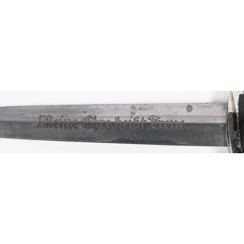 259 - A good copy of a Third Reich 1936 pattern SS dagger, no maker's mark, in its black painted sheath wi... 