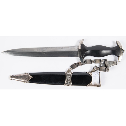 259 - A good copy of a Third Reich 1936 pattern SS dagger, no maker's mark, in its black painted sheath wi... 