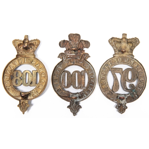 286 - Three pre 1881 brass glengarry badges of the 97th, 100th and 108th Regiments, with copper lugs top a... 