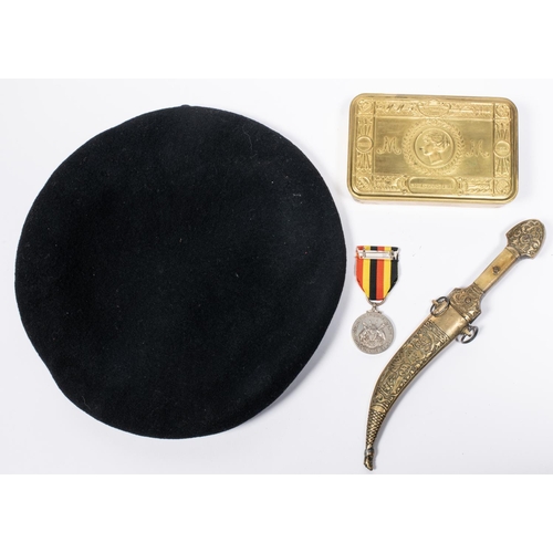 309 - A post 1952 Brigadier's black beret, with bullion cap badge; a WWI Princess Mary's Christmas box; a ... 