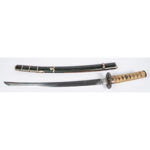 347 - A Wakizashi, in silver handachi mounting, the blade unsigned, c 1600, with details obscured, irregul... 