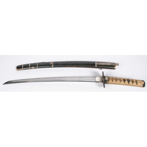 347 - A Wakizashi, in silver handachi mounting, the blade unsigned, c 1600, with details obscured, irregul... 