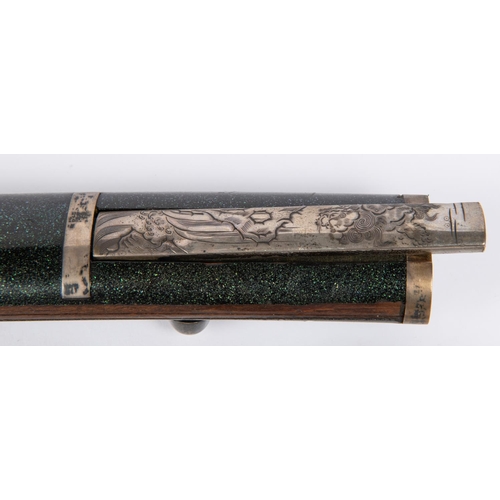 347 - A Wakizashi, in silver handachi mounting, the blade unsigned, c 1600, with details obscured, irregul... 