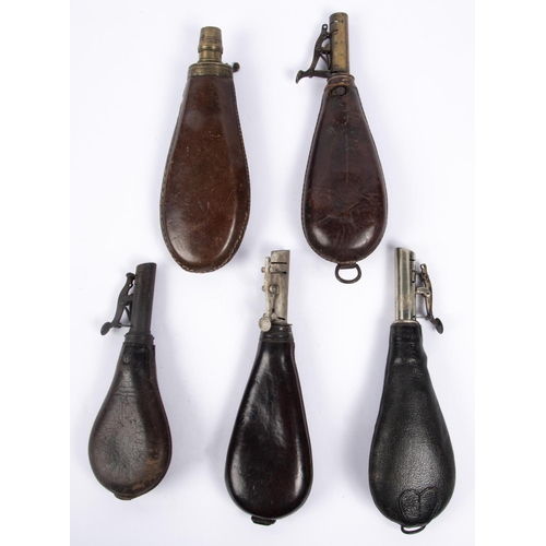 388 - A late 18th century bag shaped leather powder flask, GC (contemporary stitched repair to seam, no sp... 