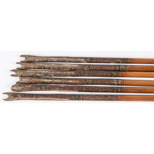 403 - A set of six 18th century Indian arrows, with small diamond section heads, the cane shafts with pain... 