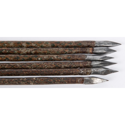 403 - A set of six 18th century Indian arrows, with small diamond section heads, the cane shafts with pain... 