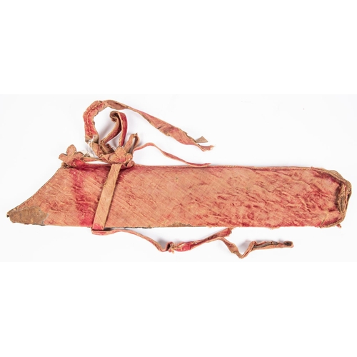 408 - An  18th century or earlier Indian quiver, of hide covered with red velvet, and having velvet covere... 