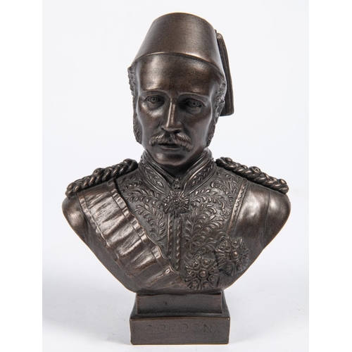 43 - A bronzed composition bust of General Gordon, in Egyptian court dress with fez, height including pli... 