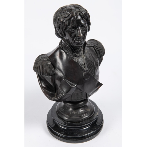 44 - A heavy bronze bust of Nelson, mounted on a black marble base, height 14