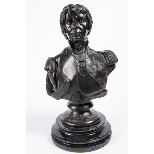 44 - A heavy bronze bust of Nelson, mounted on a black marble base, height 14