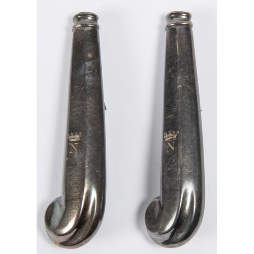 64 - A pair of silver coloured pistol grip dinner knife handles, reputed to have come from Nelson's cutle... 