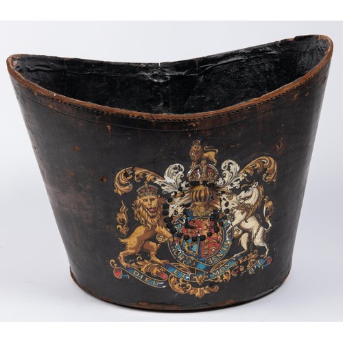 11 - An oval leather handle-less bucket, with transfer printed King's crown Royal Arms. GC (some wear)  £... 