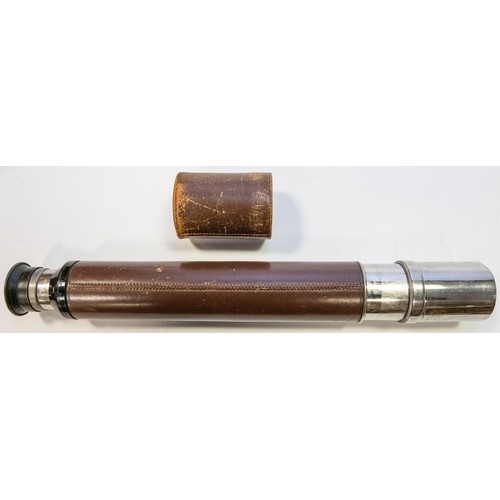 63 - A single draw telescope by Ross, London, number 93664, with bright nickel plated body and leather co... 