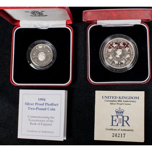 102 - Elizabeth II AR proof £5 crown 1993 (coronation 40th anniversary) and AR proof Piedfort £2 coin 1994... 