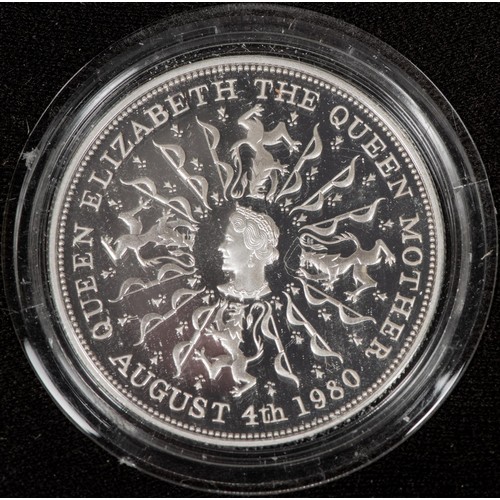 103 - Elizabeth II Queen Elizabeth the Queen Mother silver proof crowns (2): 1980 for commemorating 80th b... 