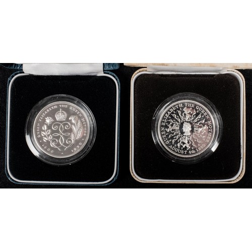 38 - Elizabeth II Queen Elizabeth the Queen Mother silver proof crowns (2): 1980 for commemorating 80th b... 