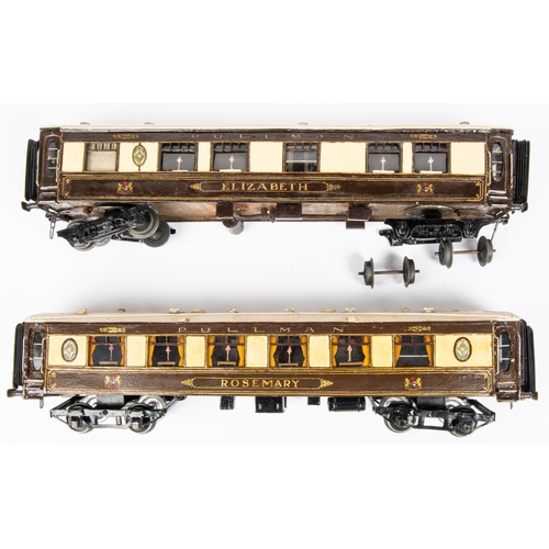 155 - 2x O gauge Pullman Cars with tinplate bodies and detailed interiors. Rosemary and Elizabeth, both in... 