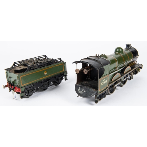 168 - An O gauge clockwork BR 4-4-2 tender locomotive, 62105, in lined green livery. QGC, adapted, modifie... 