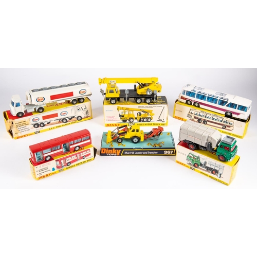 312 - 6x Dinky Toys. Vega Luxury Coach (954). Single Deck Bus (283). AEC Fuel Tanker Esso (945). Coles Hyd... 