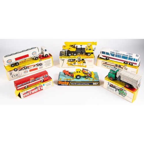 312 - 6x Dinky Toys. Vega Luxury Coach (954). Single Deck Bus (283). AEC Fuel Tanker Esso (945). Coles Hyd... 