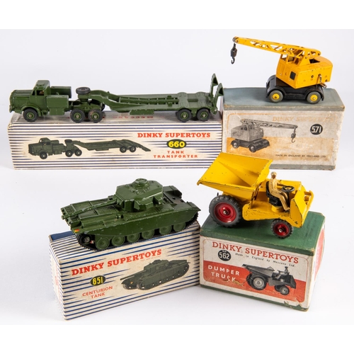 313 - 4 Dinky Toys. Tank Transpporter (660). Centurion Tank (651). Dumper Truck (562). All boxed, minor/so... 