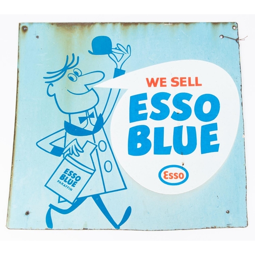 76 - A enamelled two-sided sign for 'Esso Blue' Parafin. A blue background with a figure to left announci... 