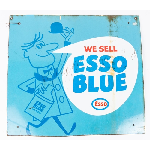 76 - A enamelled two-sided sign for 'Esso Blue' Parafin. A blue background with a figure to left announci... 
