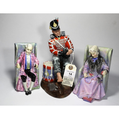 14 - 3x Royal Doulton figurines. Darby (HN1427). Joan (HN1422). Drummer Boy (HN2679). VGC-Mint. £50-80