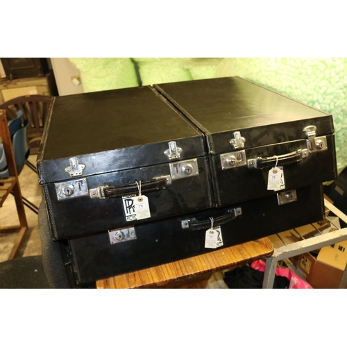 75 - 3x Leather suitcases with Rolls Royce emblem. All in black leather with chrome fittings, grey silk i... 