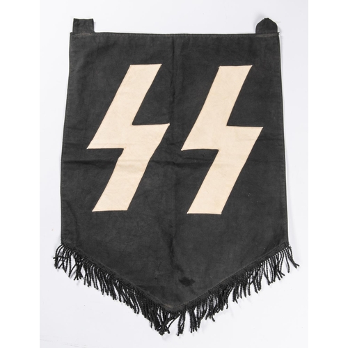 101 - A Third Reich single sided black shield shaped banner, applied with white SS runes, the bottom edge ... 