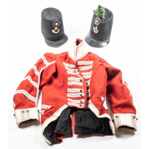 166 - 2 replica British infantry stovepipe shakos, also a replica red coatee. GC £30-40