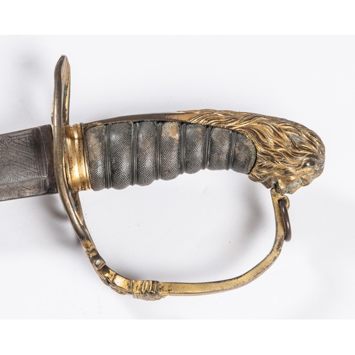 179 - An 1803 pattern infantry officer’s sword, SE curved blade 29”, small section at top engraved, gilt h... 