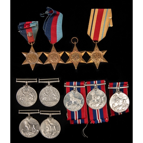 26 - WWII medals: 1939-45 stars (3, 1 with rosette to ribbon) VF and EF; Africa Star EF, Defence Medals (... 