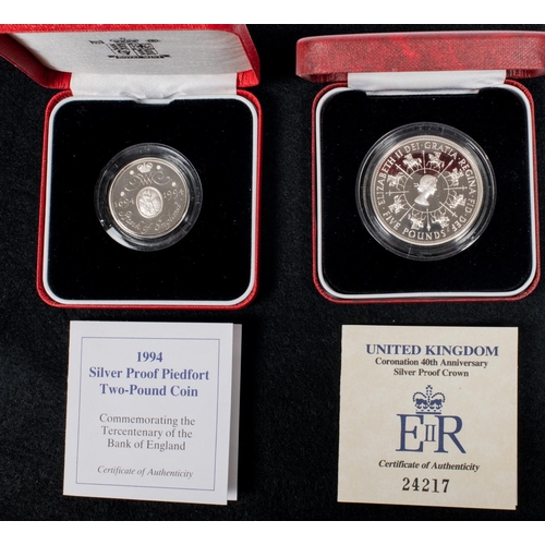 37 - Elizabeth II AR proof £5 crown 1993 (coronation 40th anniversary) and AR proof Piedfort £2 coin 1994... 