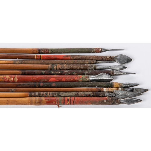 398 - Ten 18th century Indian arrows, mostly with small leaf shaped heads, cane shafts, a few with traces ... 