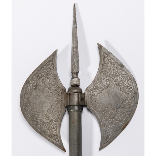 407 - An Indian double bladed steel battle axe, 27½