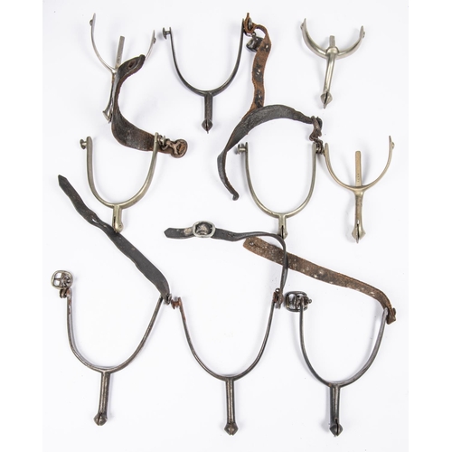 413 - Four pairs of military pattern spurs: pair large steel by Andrews of Oxford, with leather straps and... 