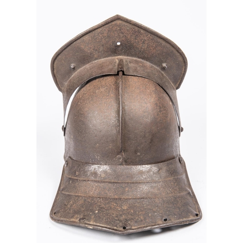 420 - A good Cromwellian trooper's 3 bar lobster tail helmet, skull formed from 2 pieces, one piece neck g... 