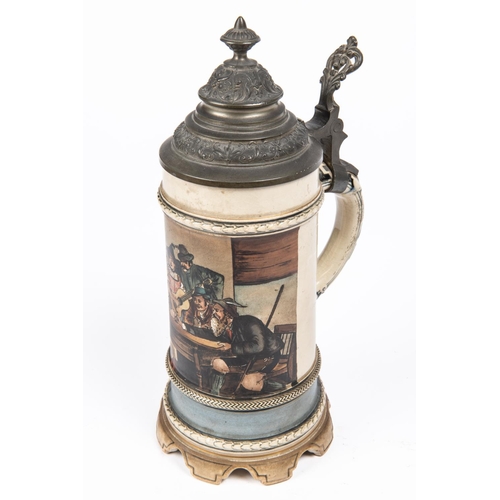 86 - A German ½ litre musical beerstein, decorated with a scene of men and women in  Tyrolean dress seate... 