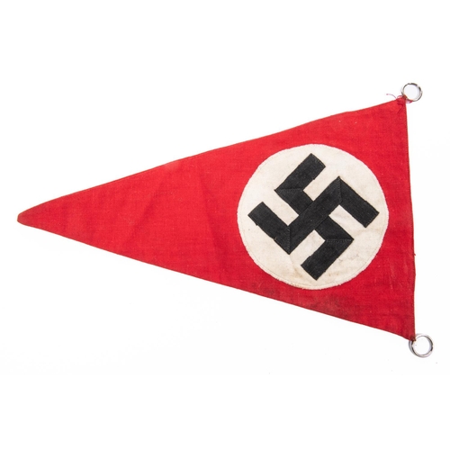 99 - A Third Reich vehicle pennant, red fabric with applied central motif of embroidered oak leaf wreath ... 