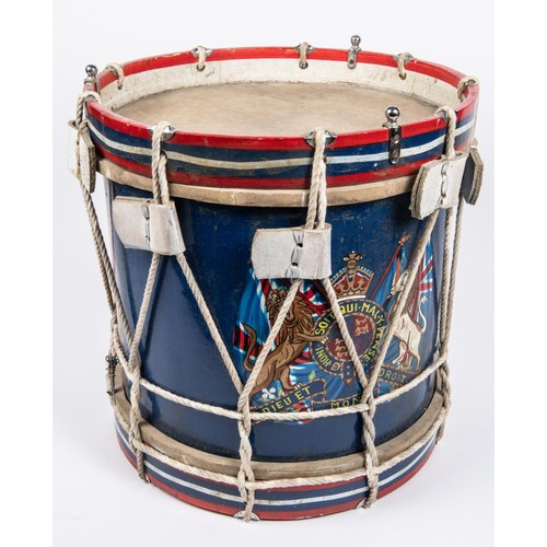 155 - A wooden bodied military side drum, painted with Royal coat of arms. GC £50-60