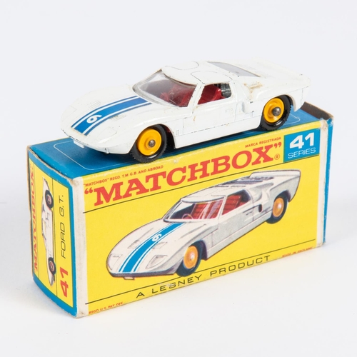 437 - Matchbox Series No.41 Ford GT. An example in white with blue racing stripes, RN6, with yellow plasti... 