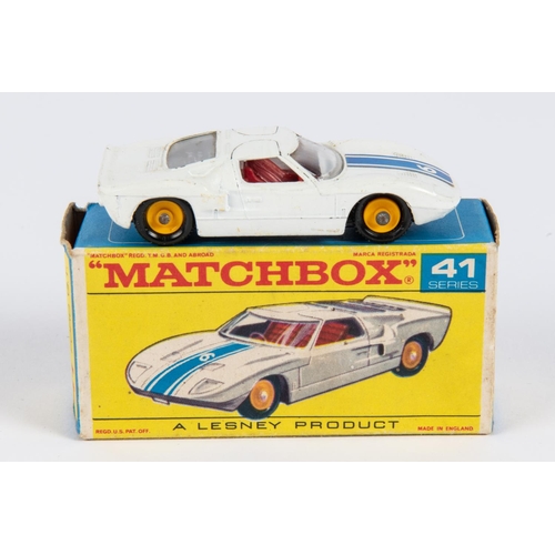 437 - Matchbox Series No.41 Ford GT. An example in white with blue racing stripes, RN6, with yellow plasti... 