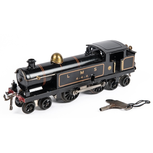 234 - Hornby O Gauge clockwork tank locomotive. A No.2 4-4-4 in LMS lined black livery, RN444. GC, some si... 