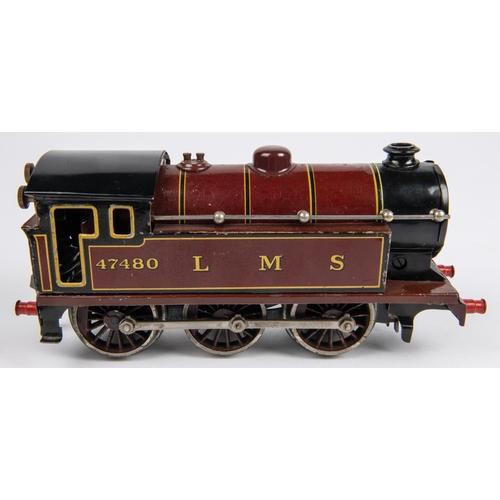 235 - A Bing O gauge clockwork LMS 0-6-0T locomotive, 47480, in lined maroon livery. Bing logo to rear of ... 